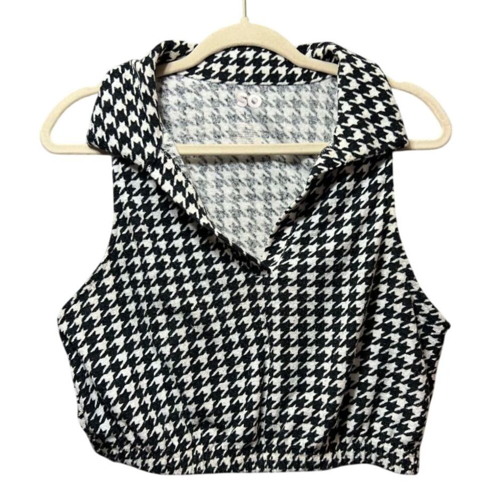 SO‎ Houndstooth Crop Top Sleeveless Collared Blouse Black White, L
